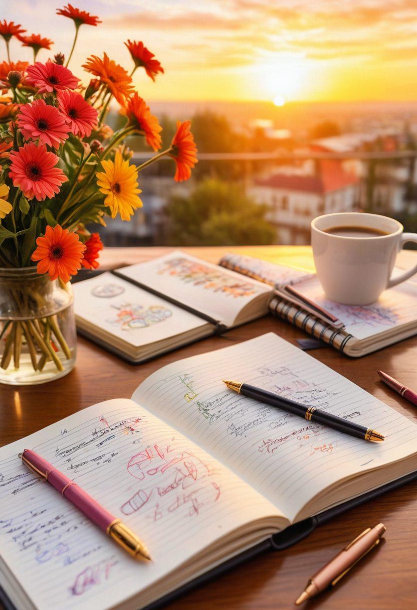 An open notebook with handwritten notes and sketches, surrounded by colorful pens and a blooming flower, symbolizing personal growth. In the background, a soft sunset radiates warmth, illustrating the journey of creativity. Include a steaming cup of coffee next to the notebook, evoking a cozy atmosphere. watercolor style. vibrant colors. serene background.