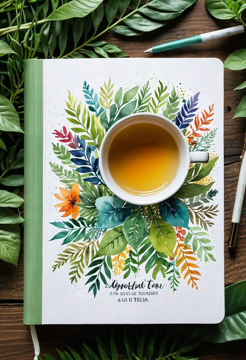 A beautifully arranged journal with colorful pages, surrounded by vibrant plants and inspirational quotes scribbled around. Soft sunlight filters through, casting a warm glow on the journal. Include artistic pens, watercolor splashes, and a cozy cup of tea on the side. overall an inviting and creative atmosphere. super-realistic. vibrant colors. soft focus.